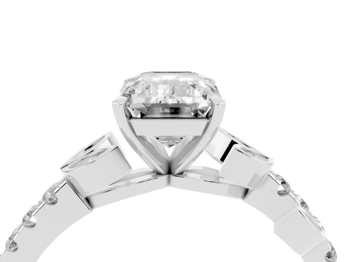 Emerald Cut Solitaire Leaf-Inspired Diamond Ring with Pavé Band and Four-Prong Setting Silver