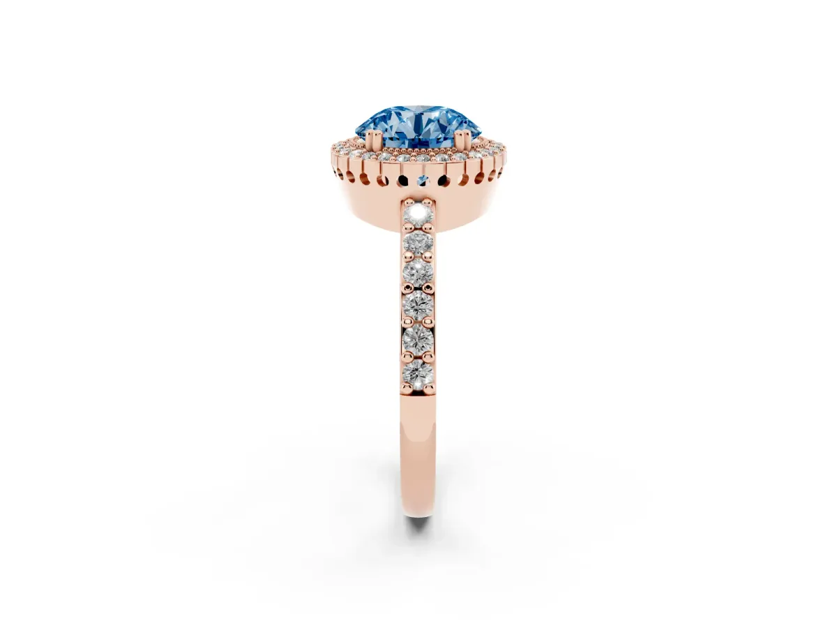 Fancy Blue Round Cut Cut Diamond Halo Engagement Ring with Milgrain Detail and Pavé Band Rose gold