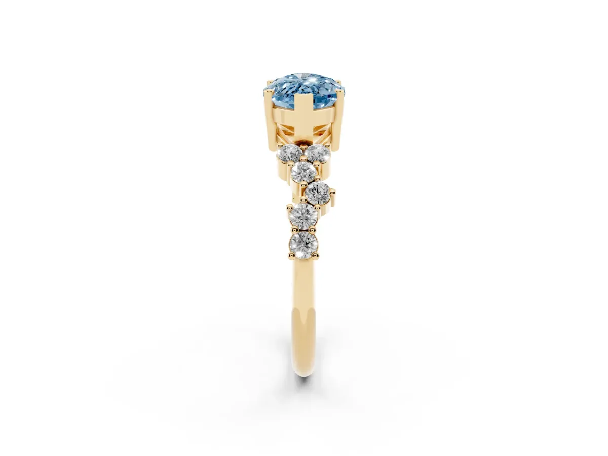 Fancy Blue Marquise Cut Diamond Scattered Round Accent Ring with Prong Setting Yellow gold
