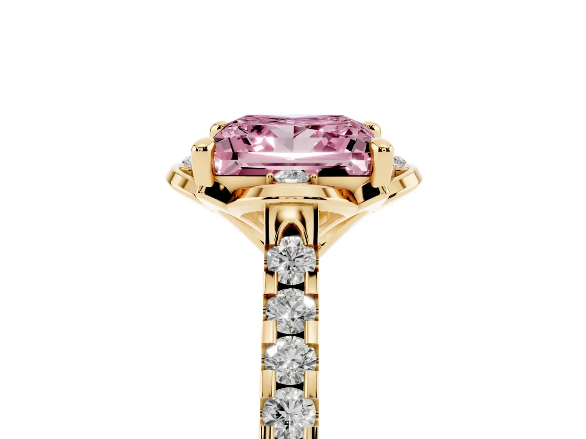 Fancy Pink Princess Cut Diamond Ring with Pavé Band and Floral Prong Setting Yellow gold