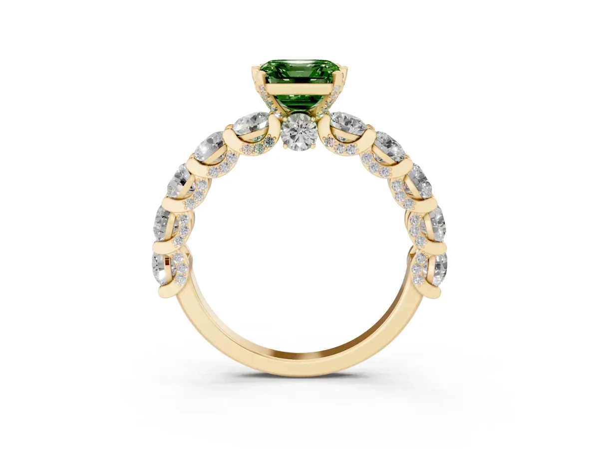 Fancy Green Asscher Cut Diamond Side Stone Engagement Ring with Four-Prong Setting Yellow gold
