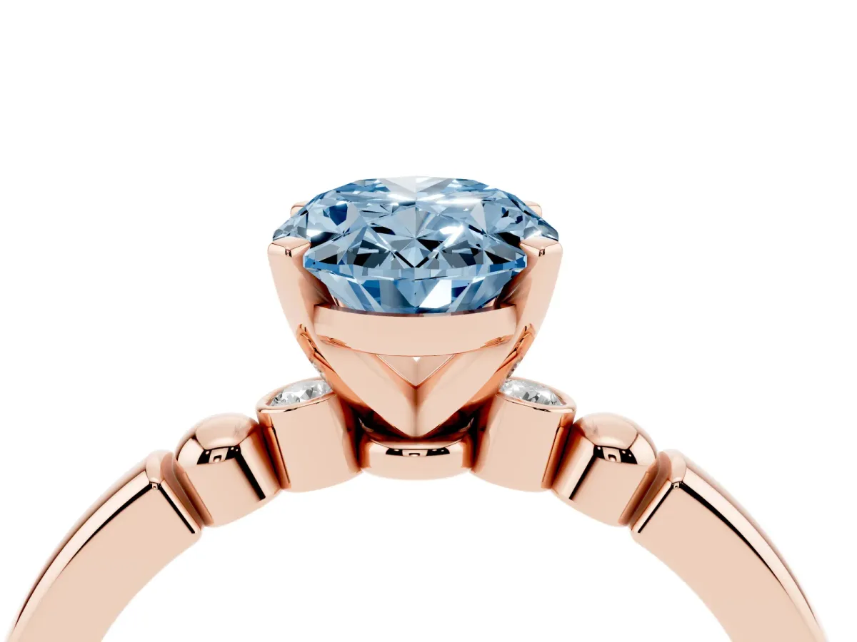 Fancy Blue Oval Cut Solitaire Beaded Band with Four-Prong Setting Rose gold