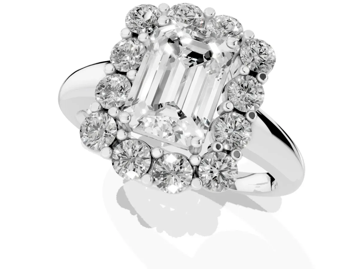 Emerald Cut Halo Cluster Diamond Engagement Ring with Prong Setting and Polished Band Silver