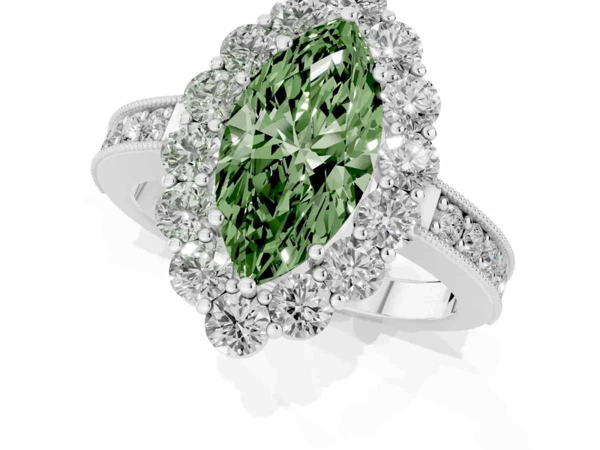 Fancy Green Marquise Cut Cut Halo Diamond Pavé Engagement Ring with Milgrain Detailing Silver