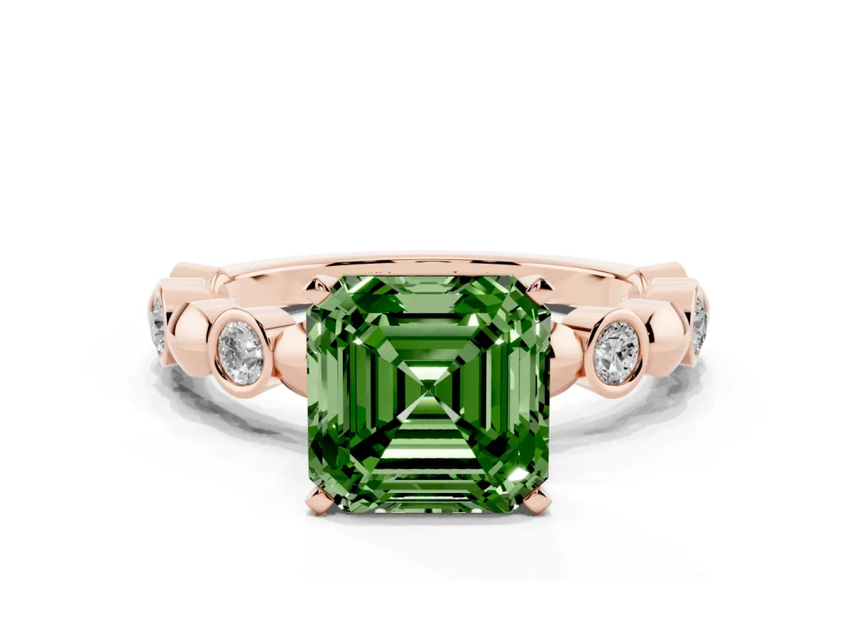 Fancy Green Asscher Cut Solitaire Bezel-Set Diamond Ring with Beaded Band and Four-Prong Setting Rose gold