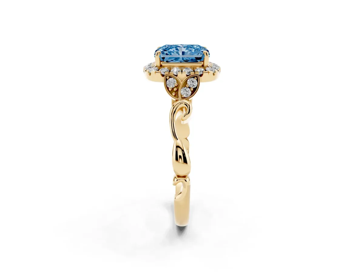 Fancy Blue Radiant Cut Halo Diamond Engagement Ring with Vintage-Inspired Band and Four-Prong Setting Yellow gold