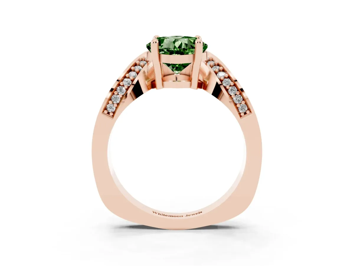 Fancy Green Cushion Cut Solitaire Diamond Engagement Ring with Pave Band and Four-Prong Setting Rose gold