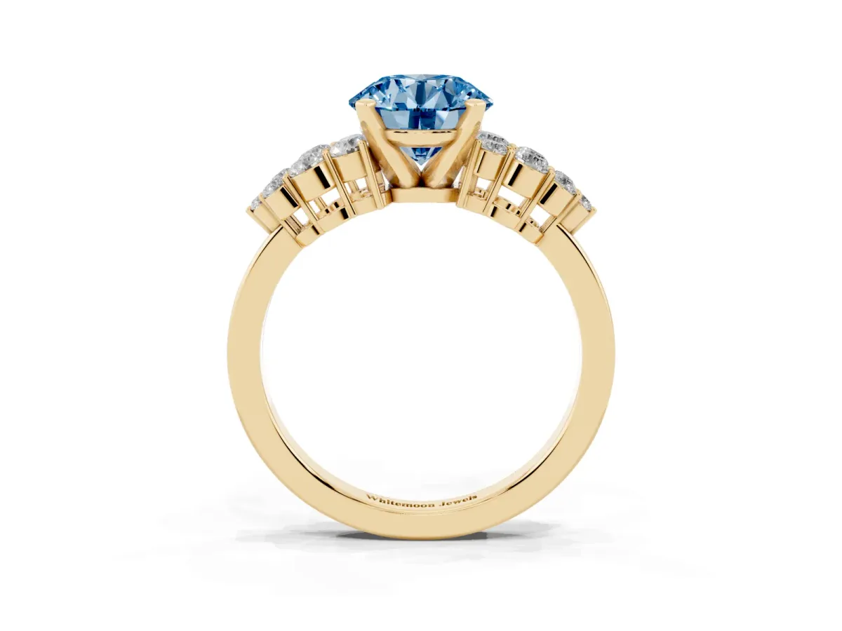 Fancy Blue Round Cut Cluster Diamond Engagement Ring with Pavé Band and Four-Prong Setting Yellow gold