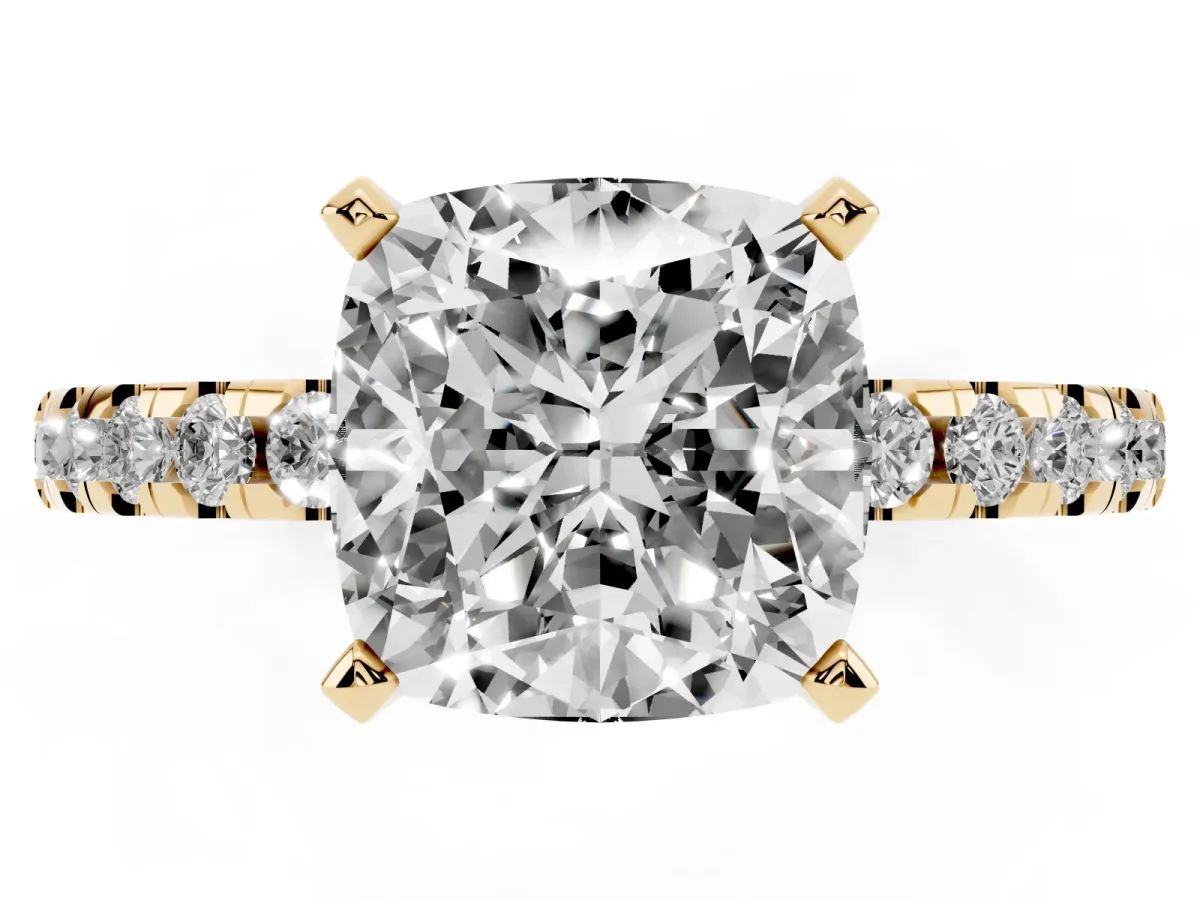 Cushion Cut Diamond Solitaire Ring with Round Pavé Band and Four-Prong Setting Yellow gold
