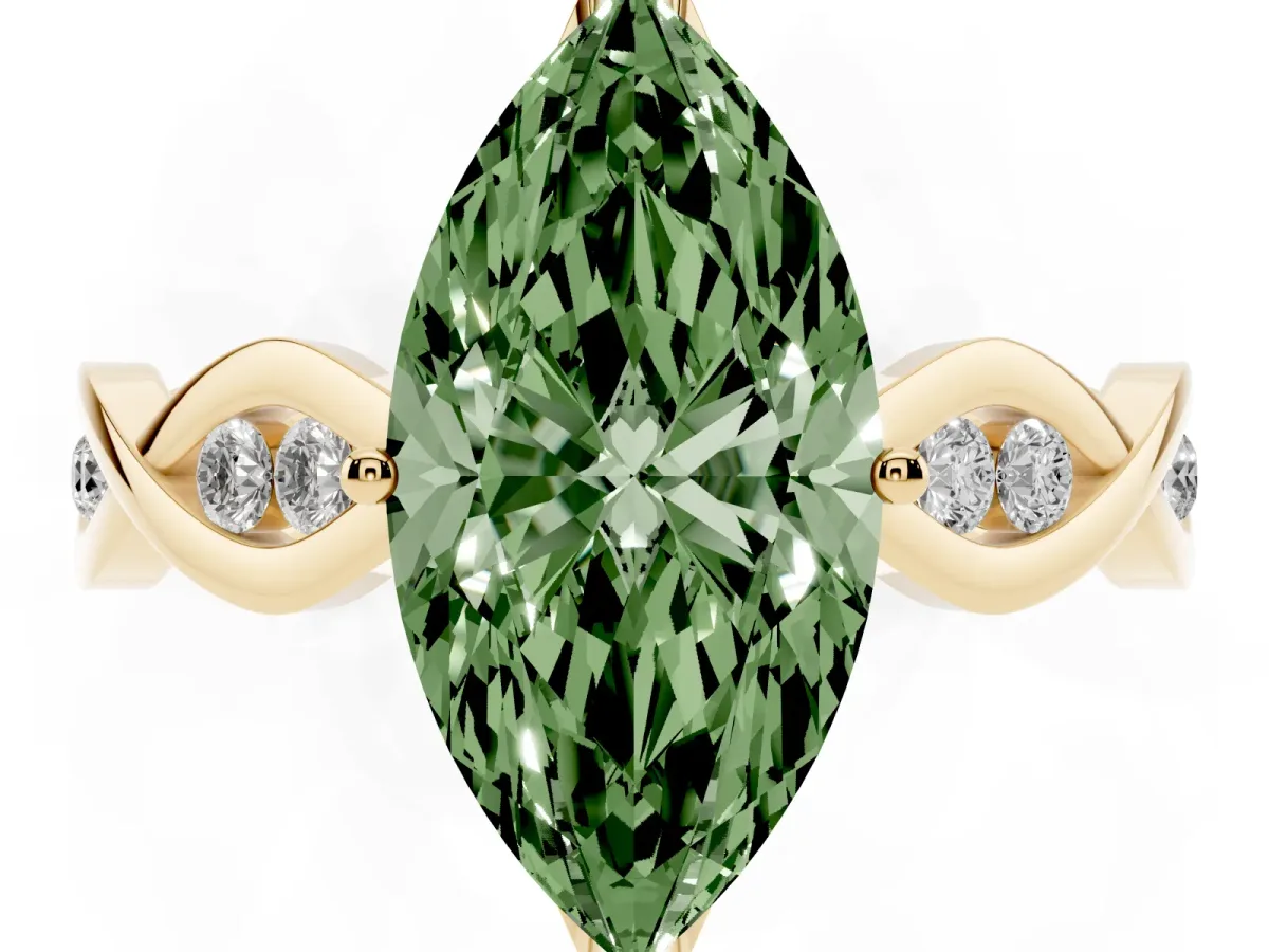 Fancy Green Marquise Cut Solitaire Twist Band with Leaf Prong Setting Yellow gold
