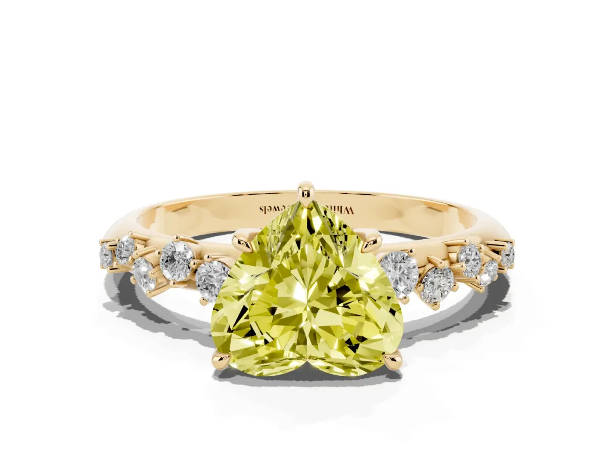 Fancy Yellow Heart Cut Diamond Cluster Side Stone Solitaire Ring with Prong Setting Yellow gold