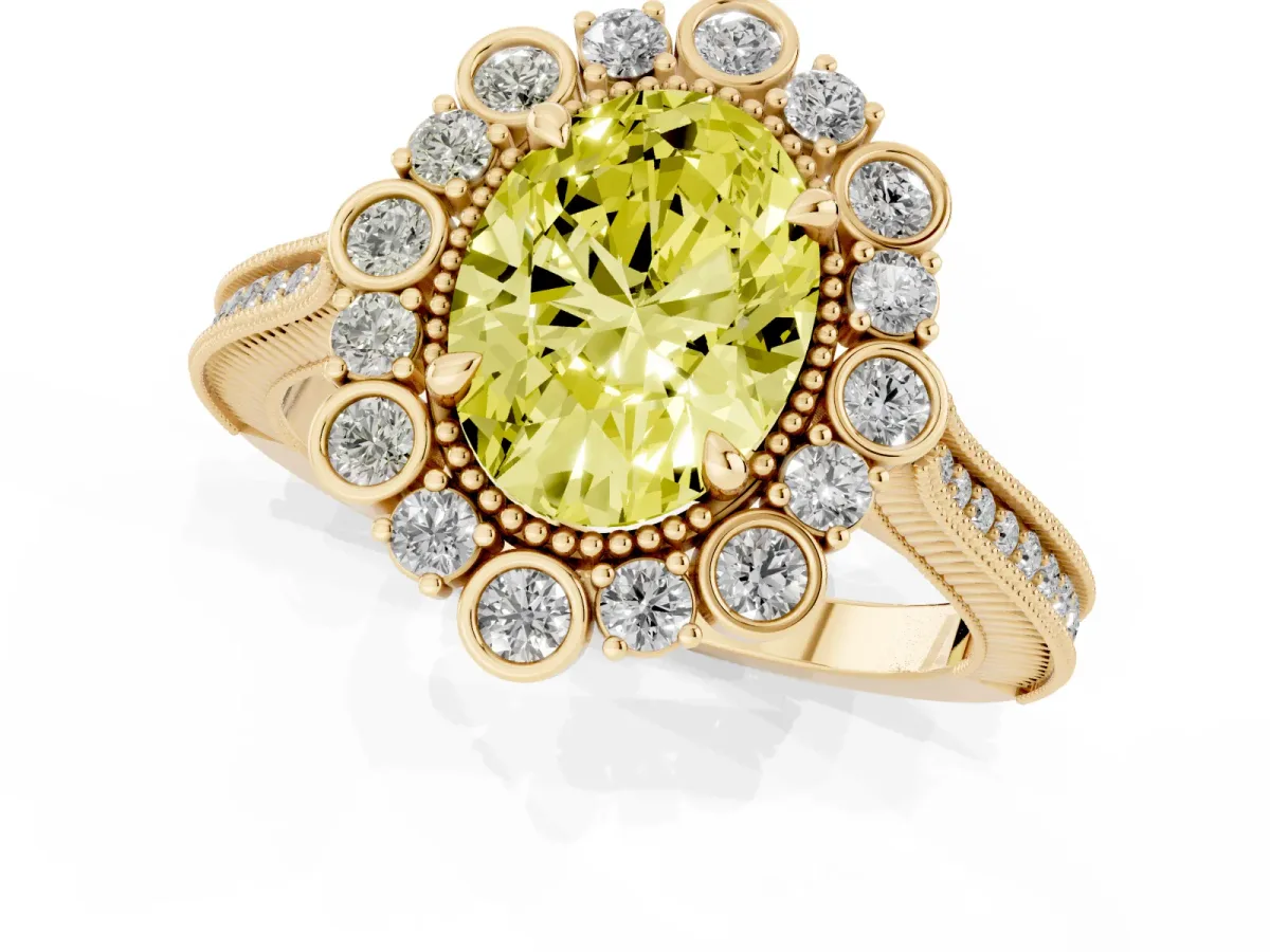 Fancy Yellow Oval Cut Halo Milgrain Pave Diamond Ring with Four-Prong Setting Yellow gold