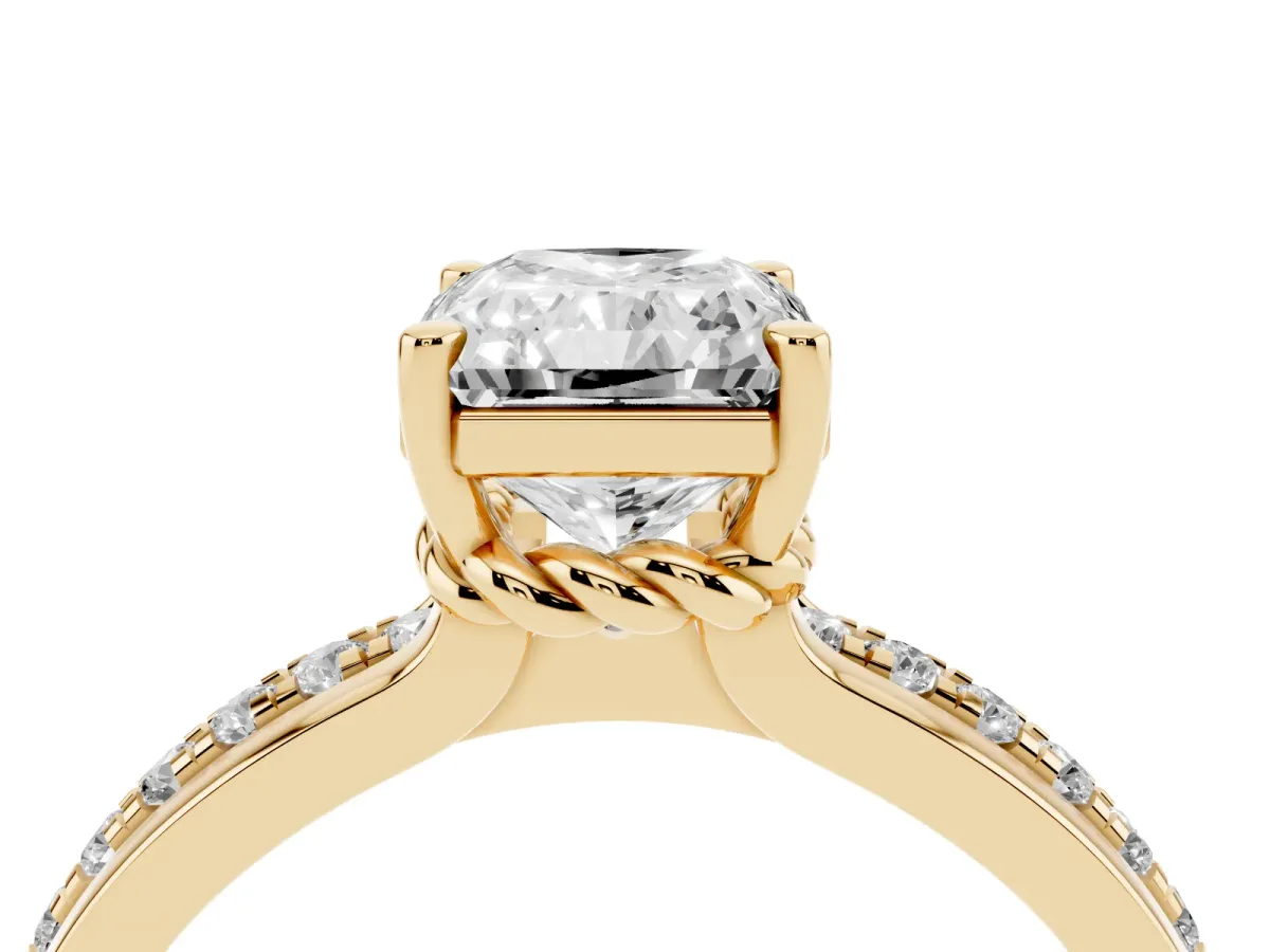 Radiant Cut Solitaire Diamond Ring with Channel Set Band and Six-Prong Setting Yellow gold