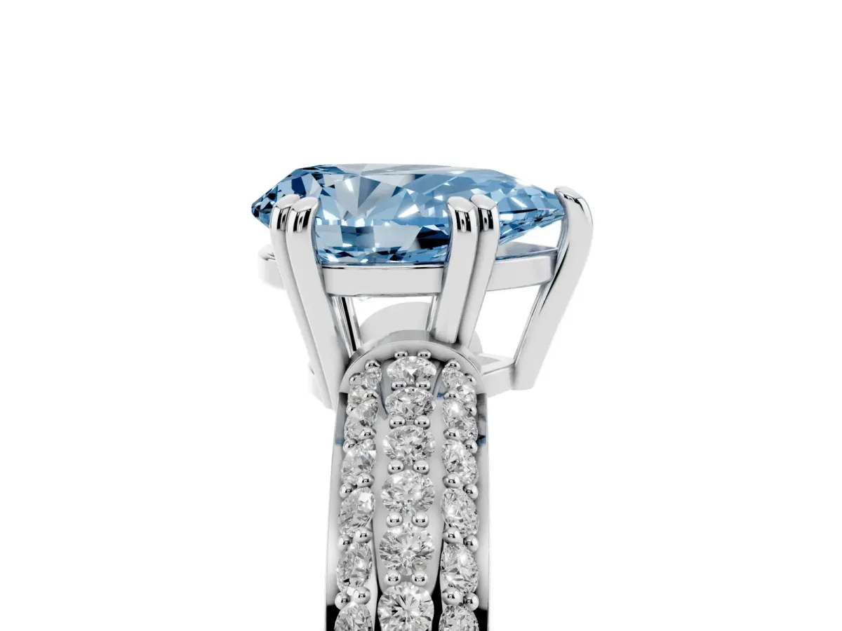 Fancy Blue Pear Cut Diamond Solitaire Ring with Multi-Row Round Pavé Band and Prong Setting Silver