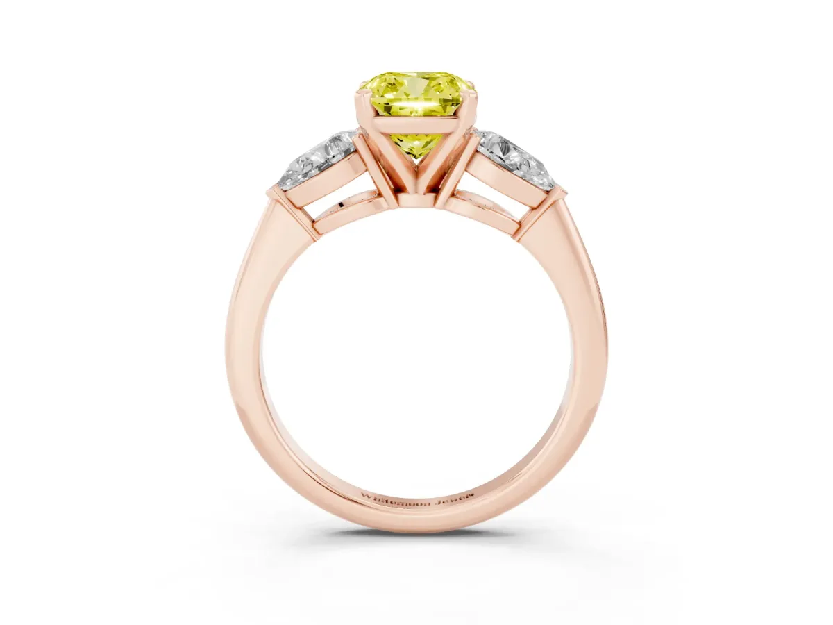 Fancy Yellow Three-Stone Cushion Cut Diamond Ring with Pear Side Stones and Four-Prong Setting Rose gold