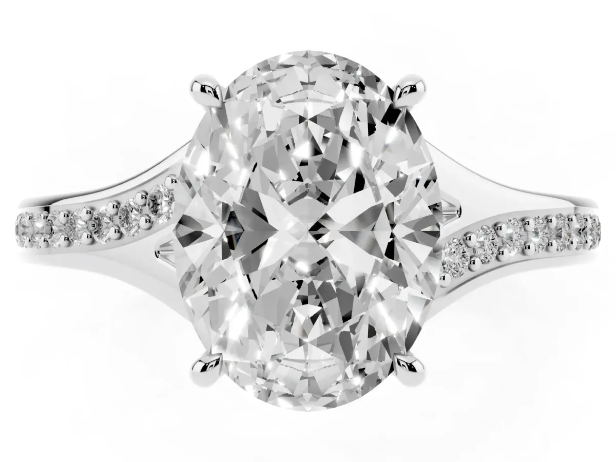 Oval Cut Diamond Solitaire Ring with Pavé Band and Prong Setting Silver