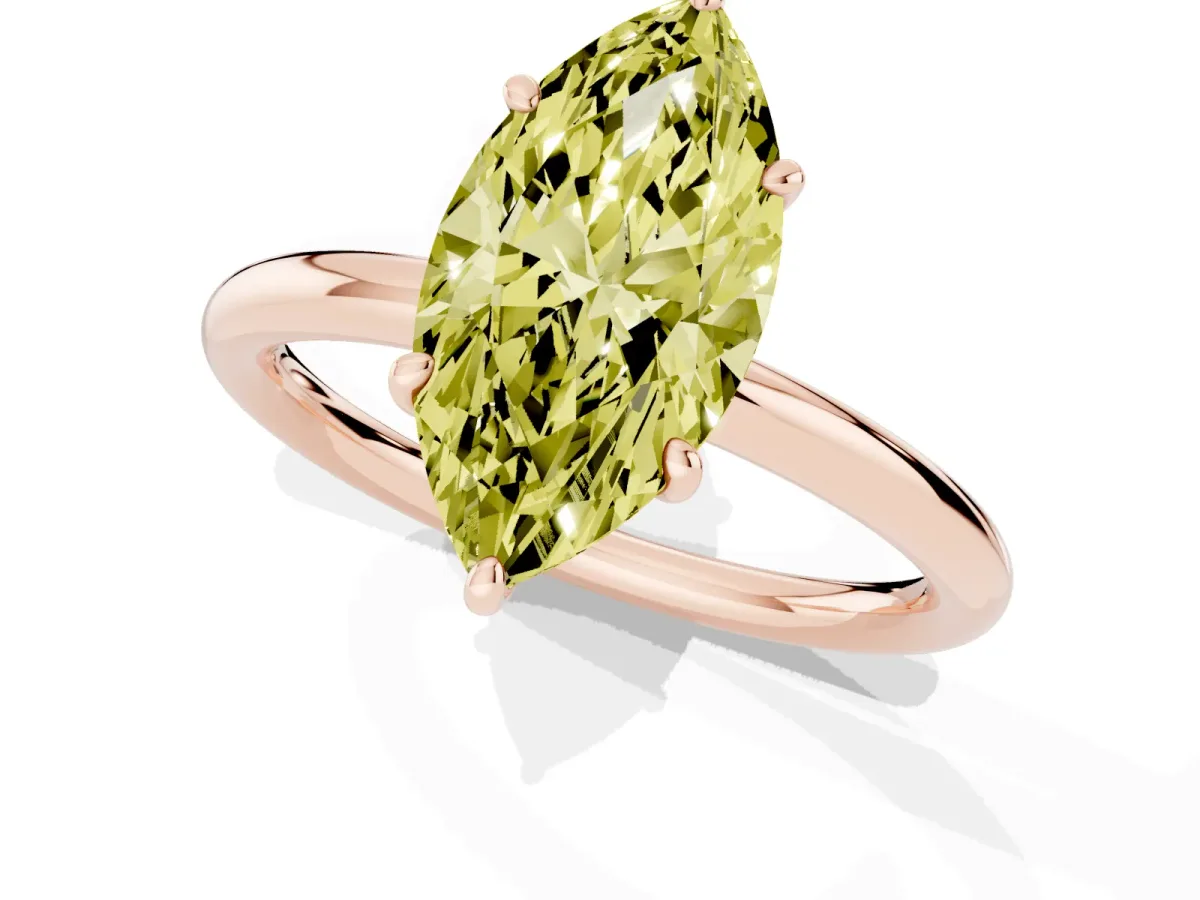 Fancy Yellow Oval Cut Solitaire Diamond Ring with Four-Prong Setting on a Plain Band Rose gold