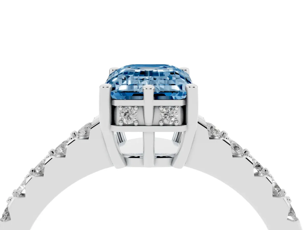 Fancy Blue Emerald Cut Solitaire Diamond Engagement Ring with Pavé Band and Six-Prong Setting Silver