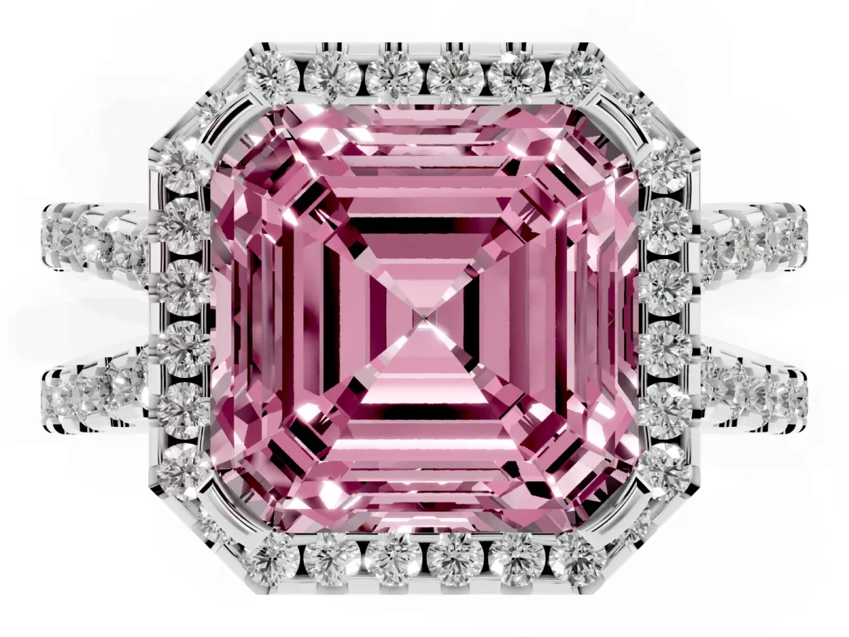 Fancy Pink Asscher Cut Diamond Halo Ring with Split Shank Pavé Band and Prong Setting Silver