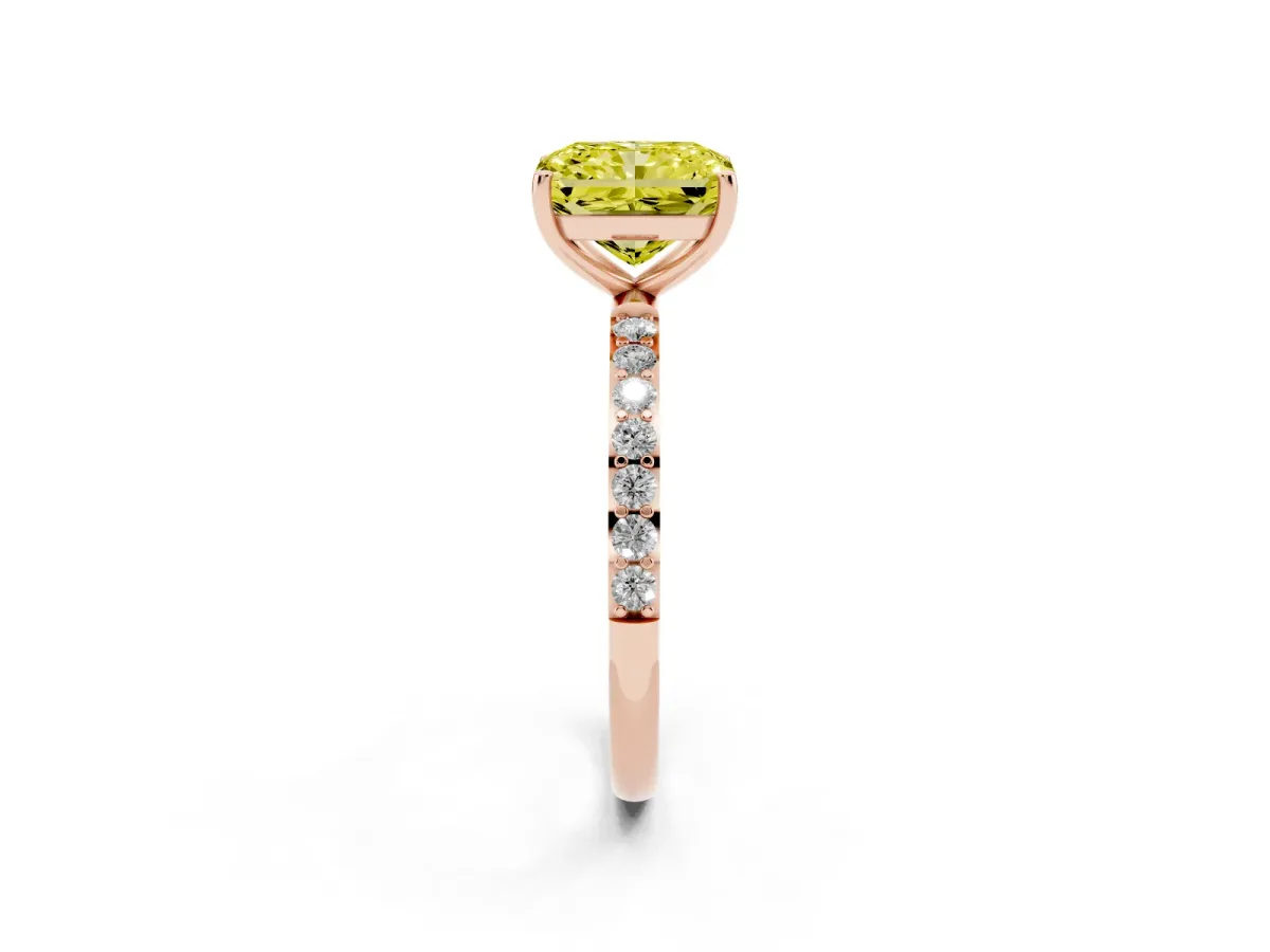 Fancy Yellow Radiant Cut Diamond Solitaire Ring with Round Pavé Shoulders and Prong Setting Rose gold