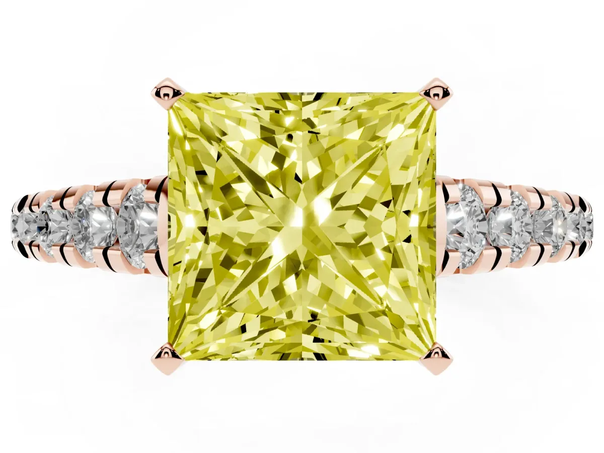 Fancy Yellow Princess Cut Diamond Cathedral Solitaire Ring with Round Pavé Band Rose gold