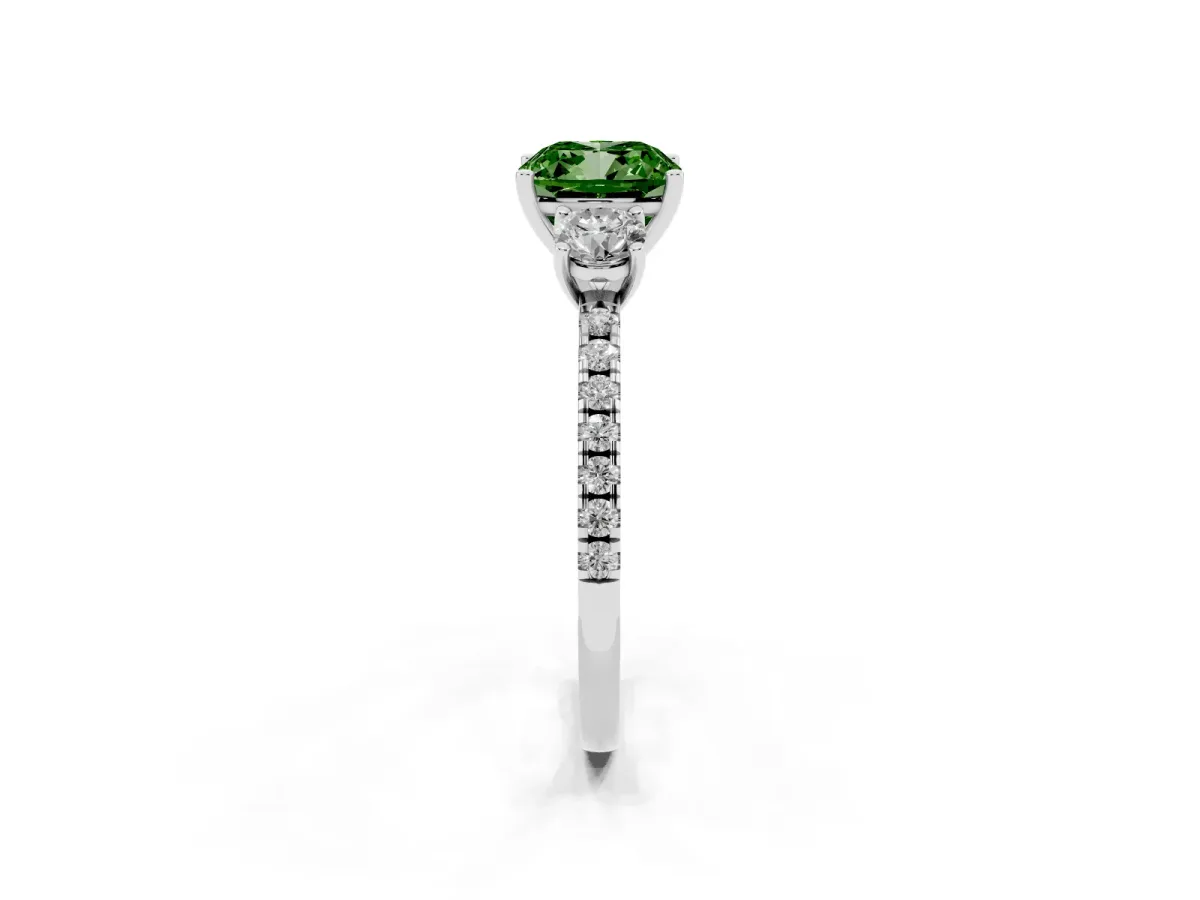 Fancy Green Three-Stone Cushion Cut Cut Diamond Pavé Band with Prong Setting Platinum
