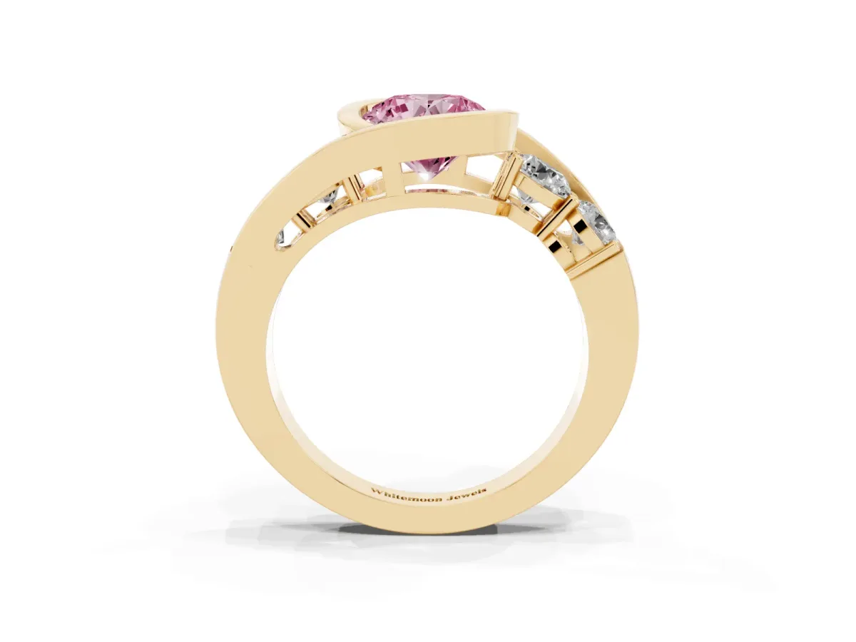 Fancy Pink Bezel Set Round Cut Diamond Bypass Ring with Round Accents Yellow gold