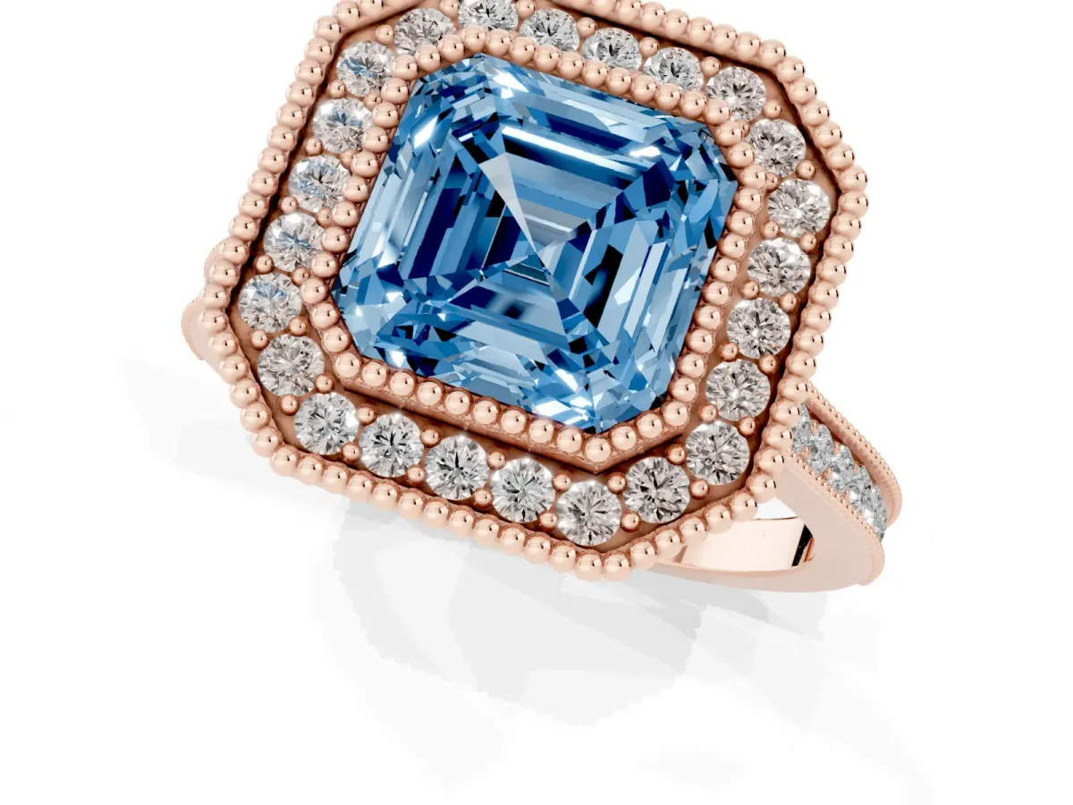 Fancy Blue Asscher Cut Diamond Halo Ring with Milgrain Frame and Pavé Band Rose gold