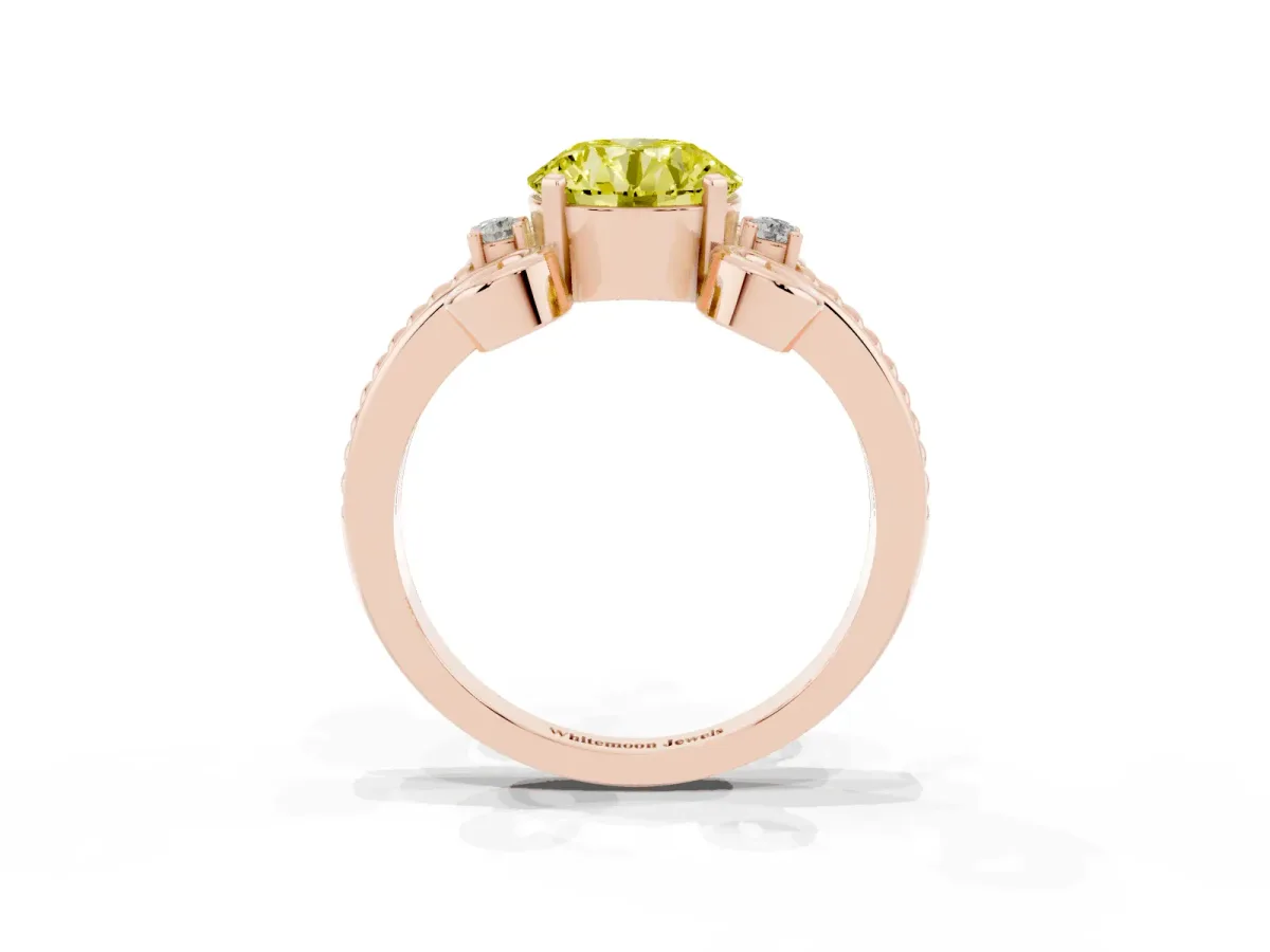 Fancy Yellow Round Cut Solitaire Twisted Band Scroll Prong Ring Rose gold