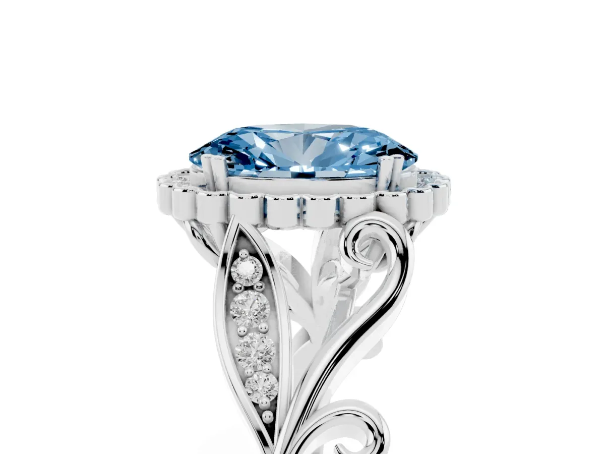 Fancy Blue Oval Cut Diamond Halo Ring with Vintage Split Shank and Four-Prong Setting Silver
