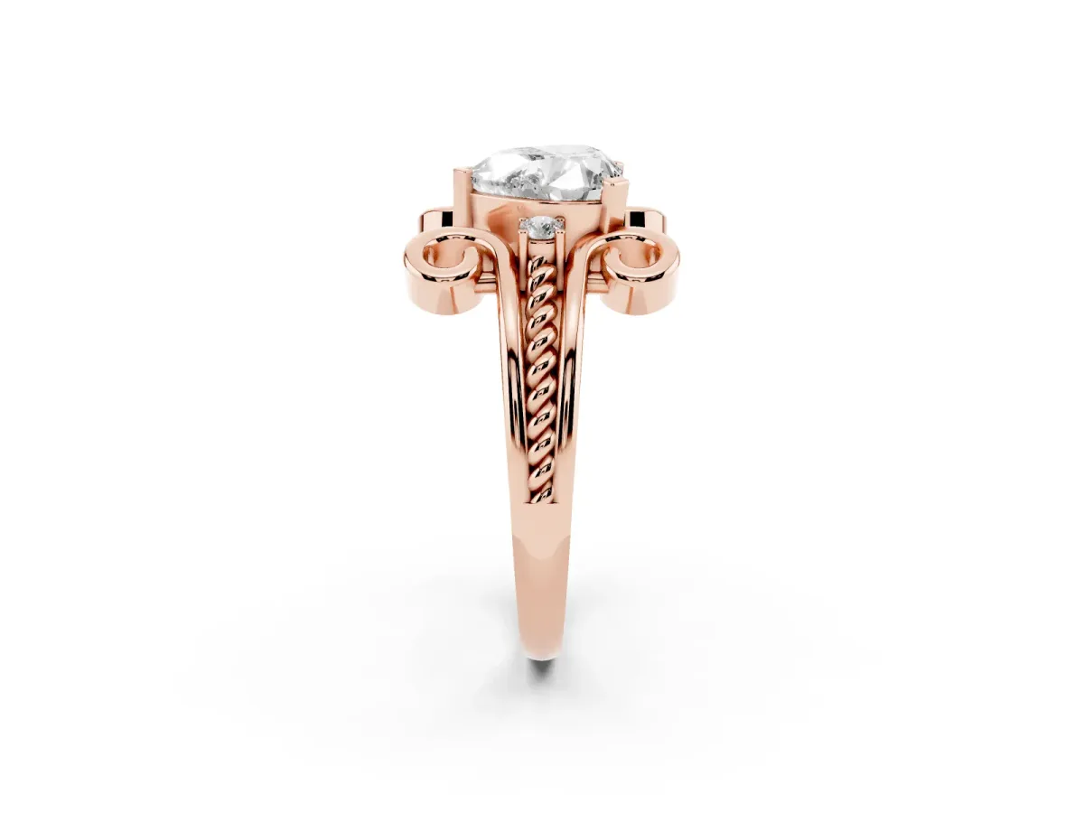 Heart Cut Solitaire Twisted Band Scroll Prong Ring Rose gold
