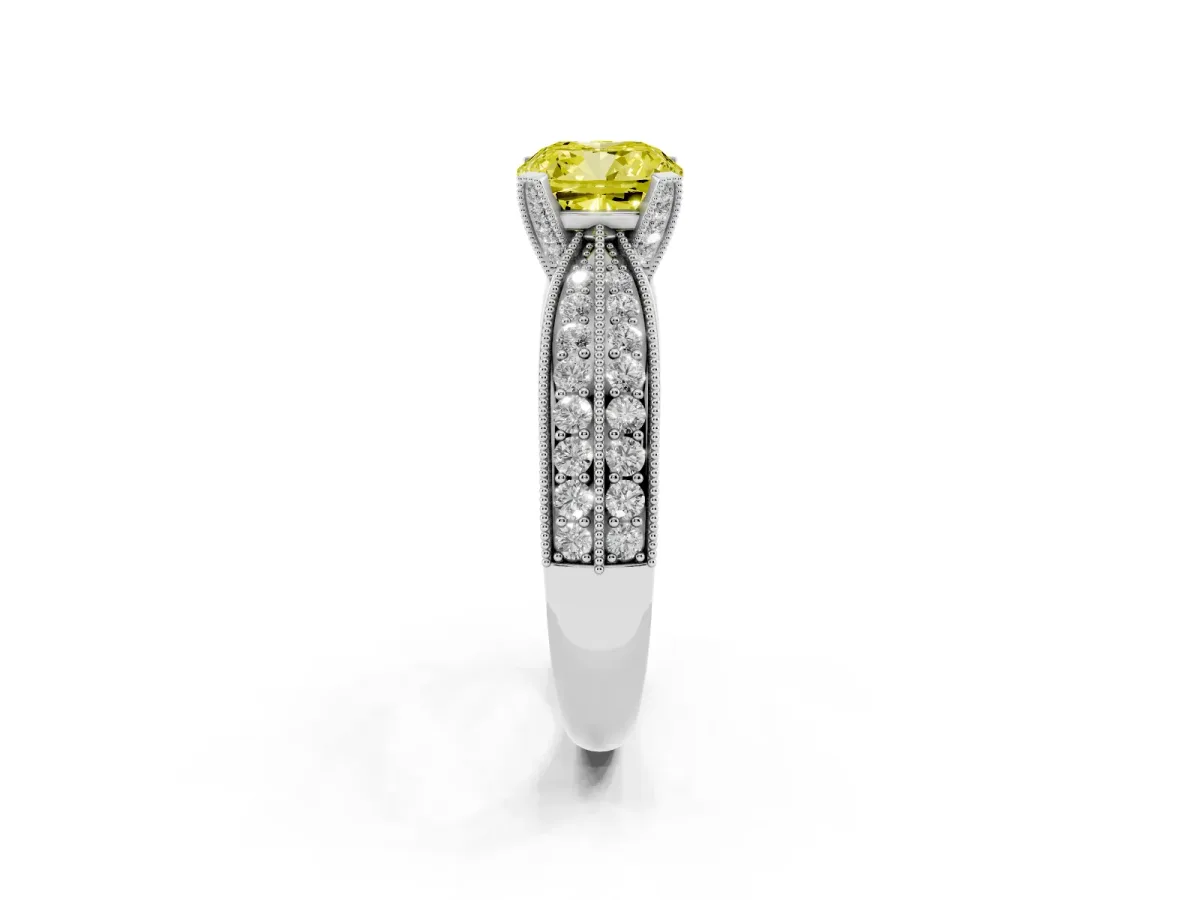 Fancy Yellow Cushion Cut Diamond Solitaire Ring with Milgrain Round Pavé Band and Prong Setting Silver