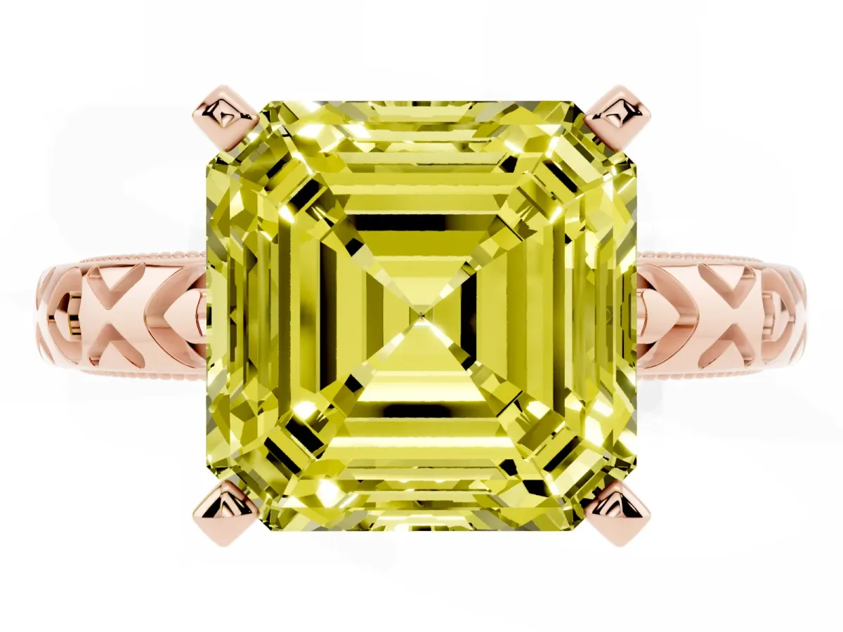 Fancy Yellow Asscher Cut Solitaire Diamond Engagement Ring with XO Engraved Band and Four-Prong Setting Rose gold