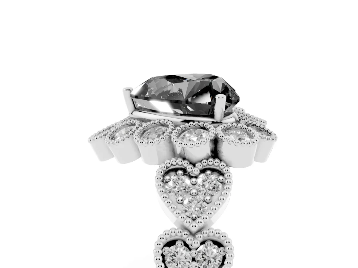 Fancy Black Heart Cut Brilliant Milgrain Pave Heart Band Solitaire Ring White gold