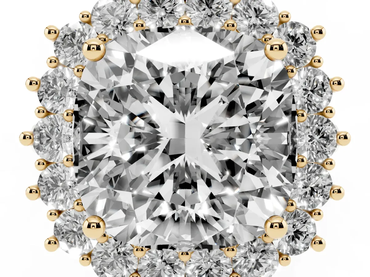 Cushion Diamond Halo Engagement Ring with Round Diamond Accents Yellow gold