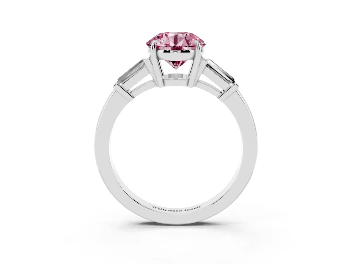 Fancy Pink Round Cut Diamond Three-Stone Ring with Tapered Baguette Side Stones and Prong Setting White gold