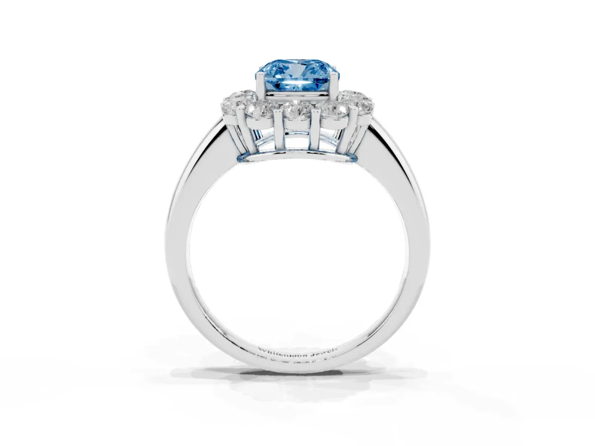 Fancy Blue Cushion Cut Halo Cluster Diamond Engagement Ring with Prong Setting and Polished Band Silver