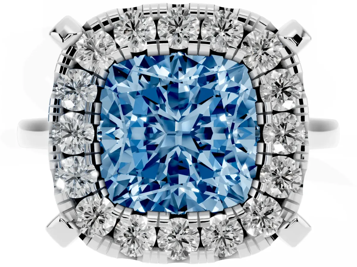 Fancy Blue Cushion Cut Diamond Cluster Halo Solitaire with Four-Prong Setting Silver