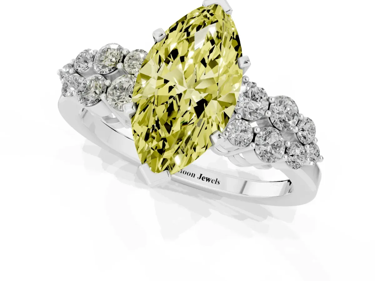 Fancy Yellow Marquise Cut Cluster Diamond Engagement Ring with Pavé Band and Four-Prong Setting Silver