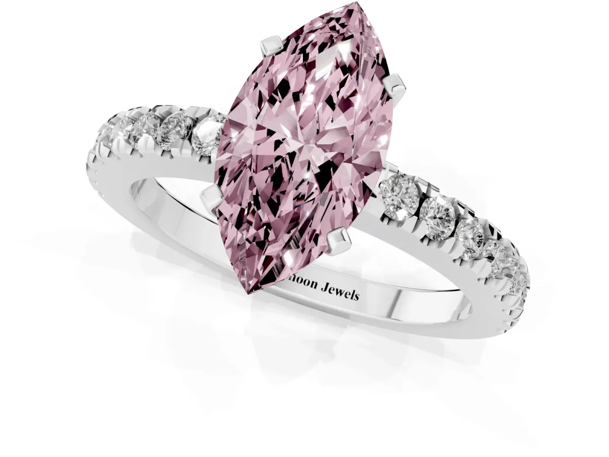 Fancy Pink Marquise Cut Solitaire Diamond with Pavé Band and Four-Prong Setting Platinum