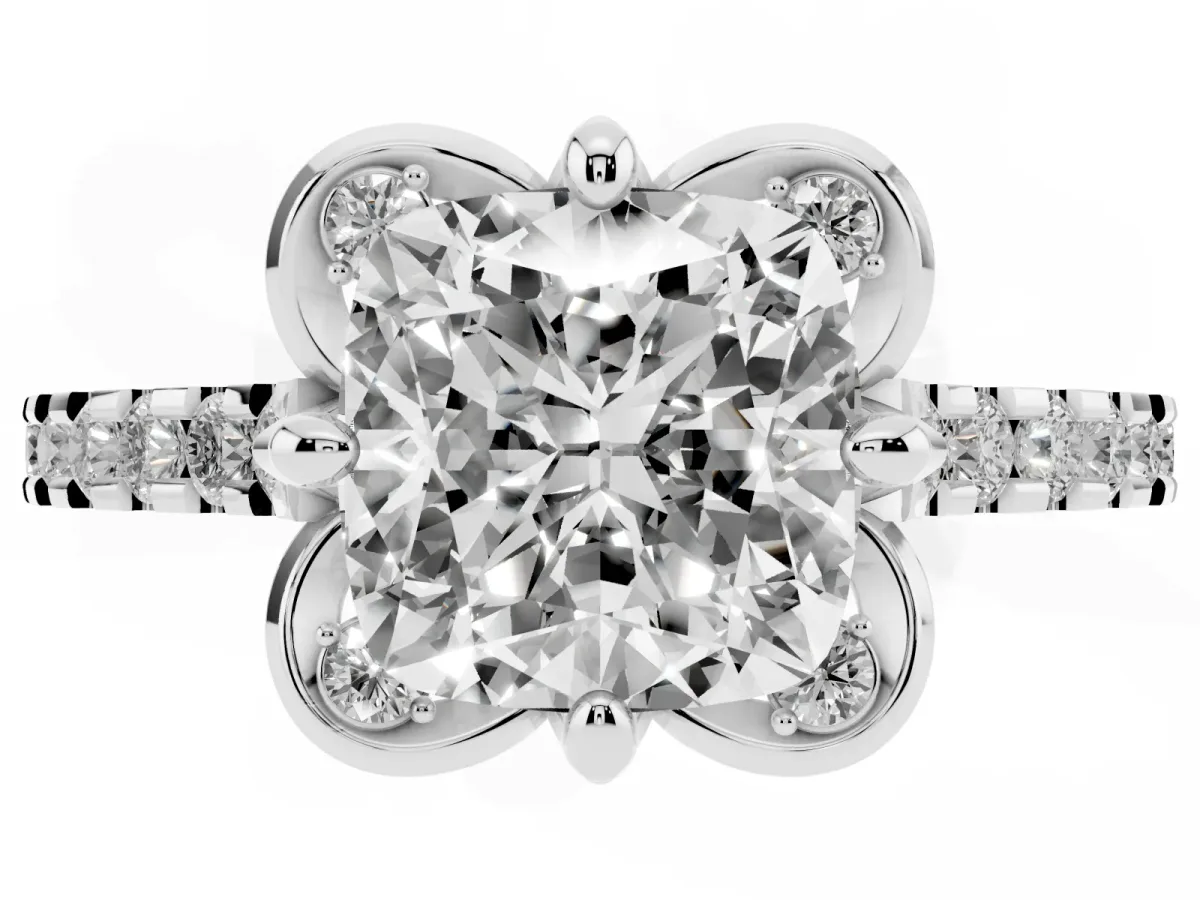 Cushion Cut Diamond Ring with Pavé Band and Floral Prong Setting Silver