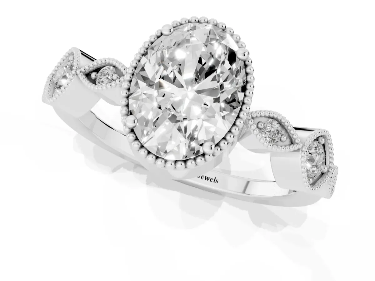 Oval Cut Diamond Vintage Milgrain Ring with Round Stations Silver