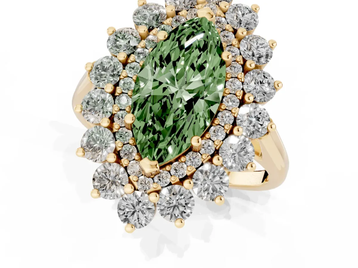 Fancy Green Marquise Cut Diamond Floral Double Halo Engagement Ring with Prong Setting Yellow gold