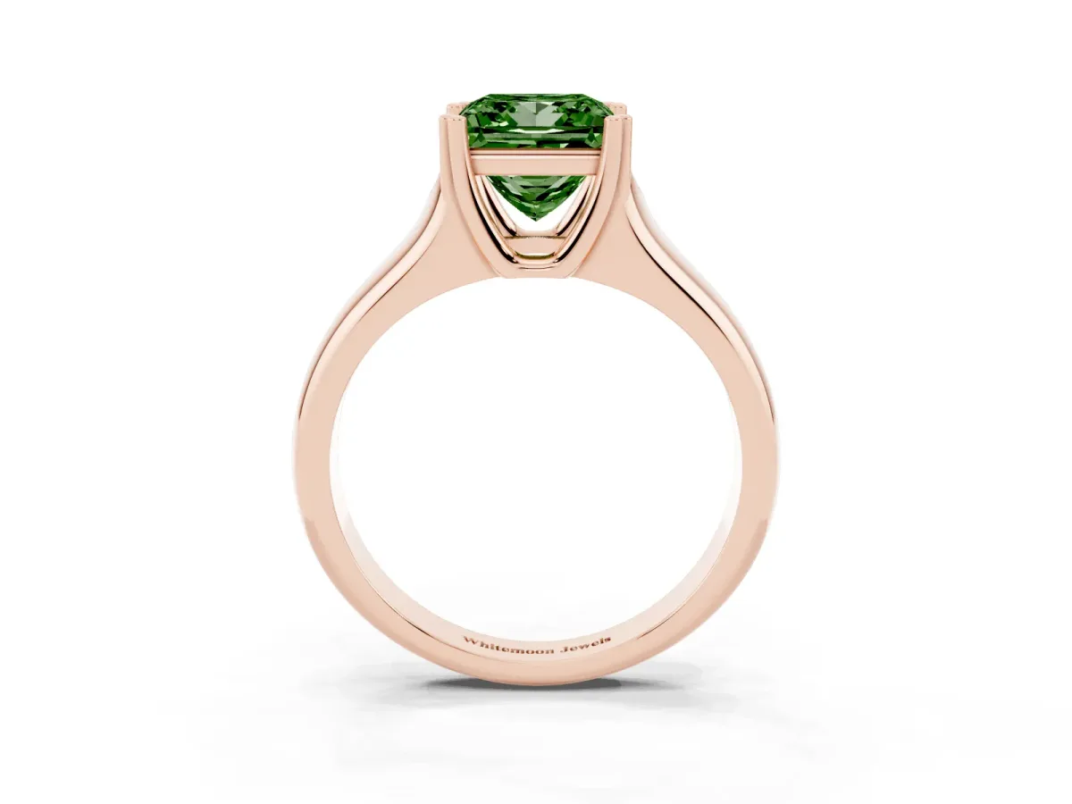 Fancy Green Princess Cut Diamond Solitaire Ring with Wide Band and Prong Setting Rose gold