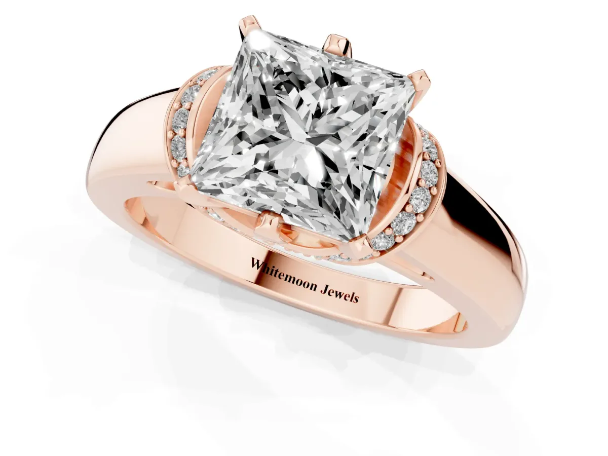Princess Cut Solitaire Diamond Ring with Pave Band and Six-Prong Setting Rose gold