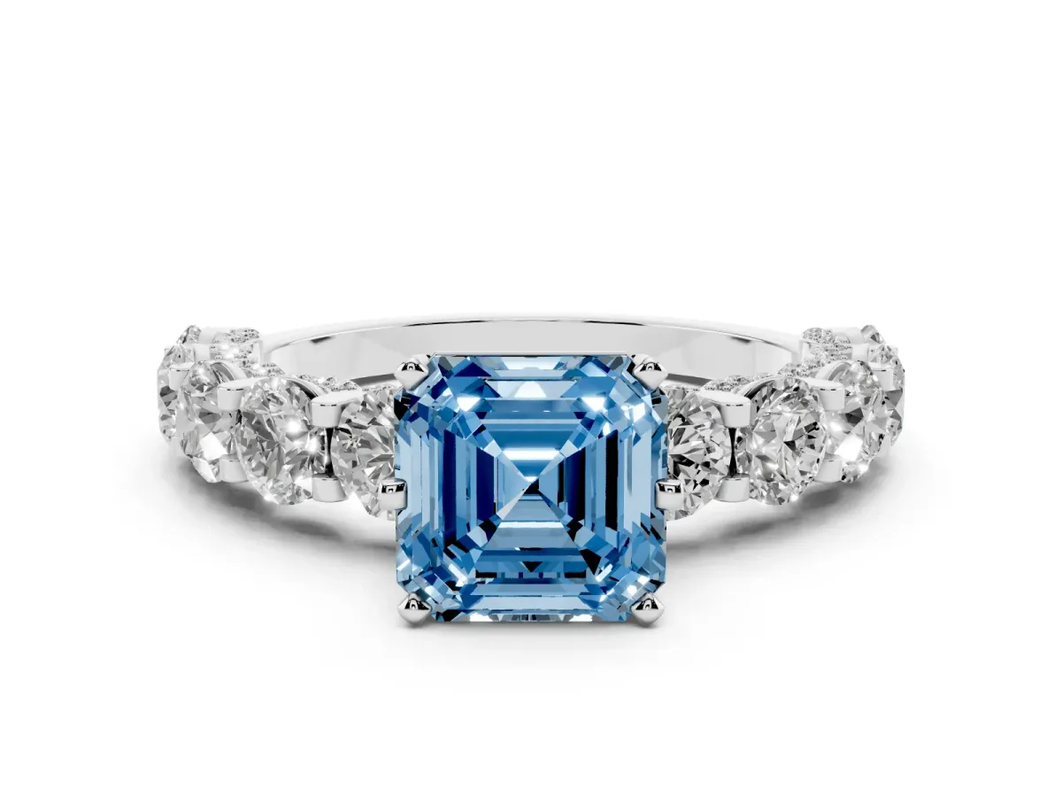 Fancy Blue Asscher Cut Diamond Side Stone Engagement Ring with Four-Prong Setting White gold