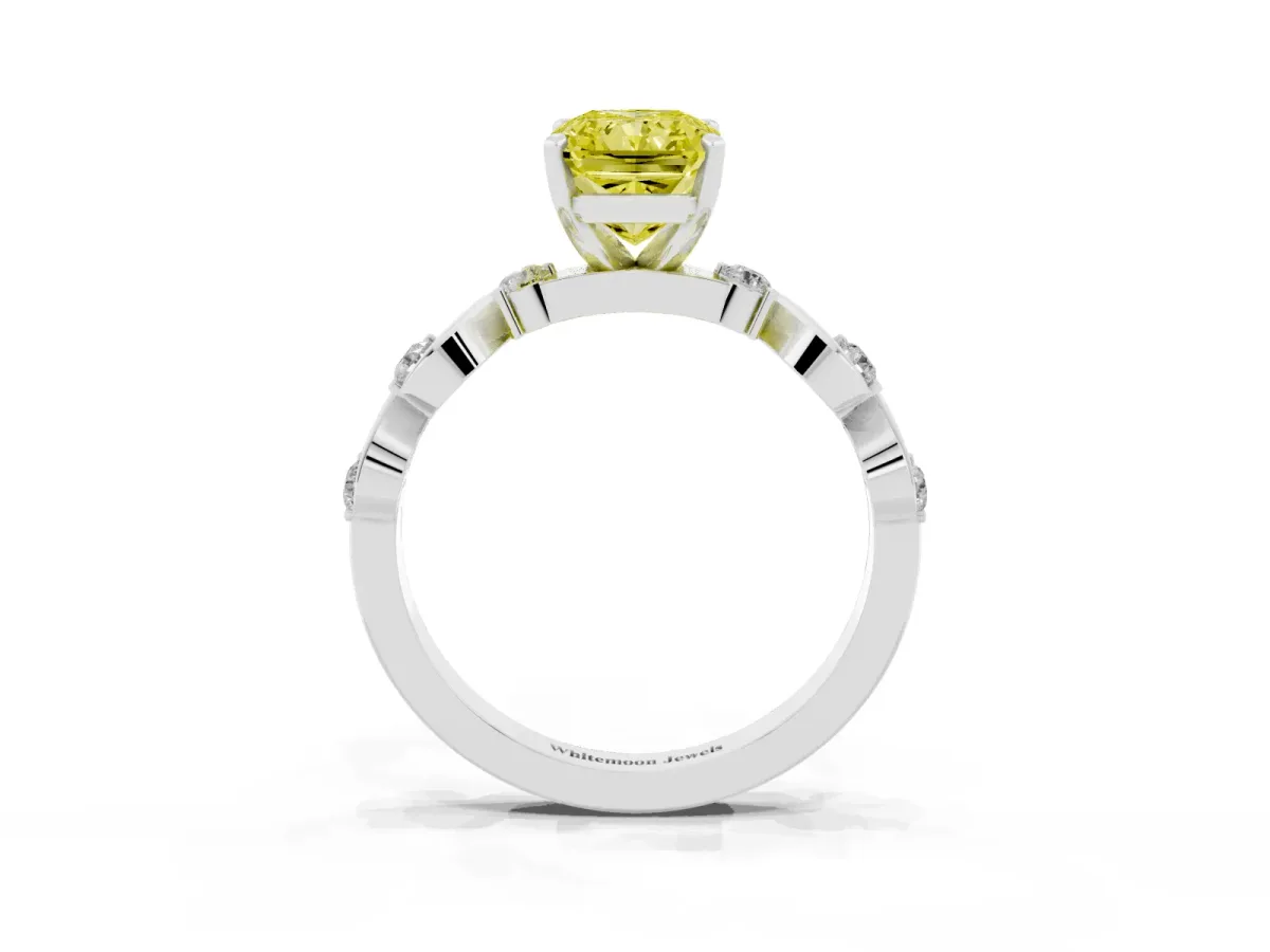 Fancy Yellow Radiant Cut Diamond Solitaire Twisted Band with Round Accents and Prong Setting Platinum