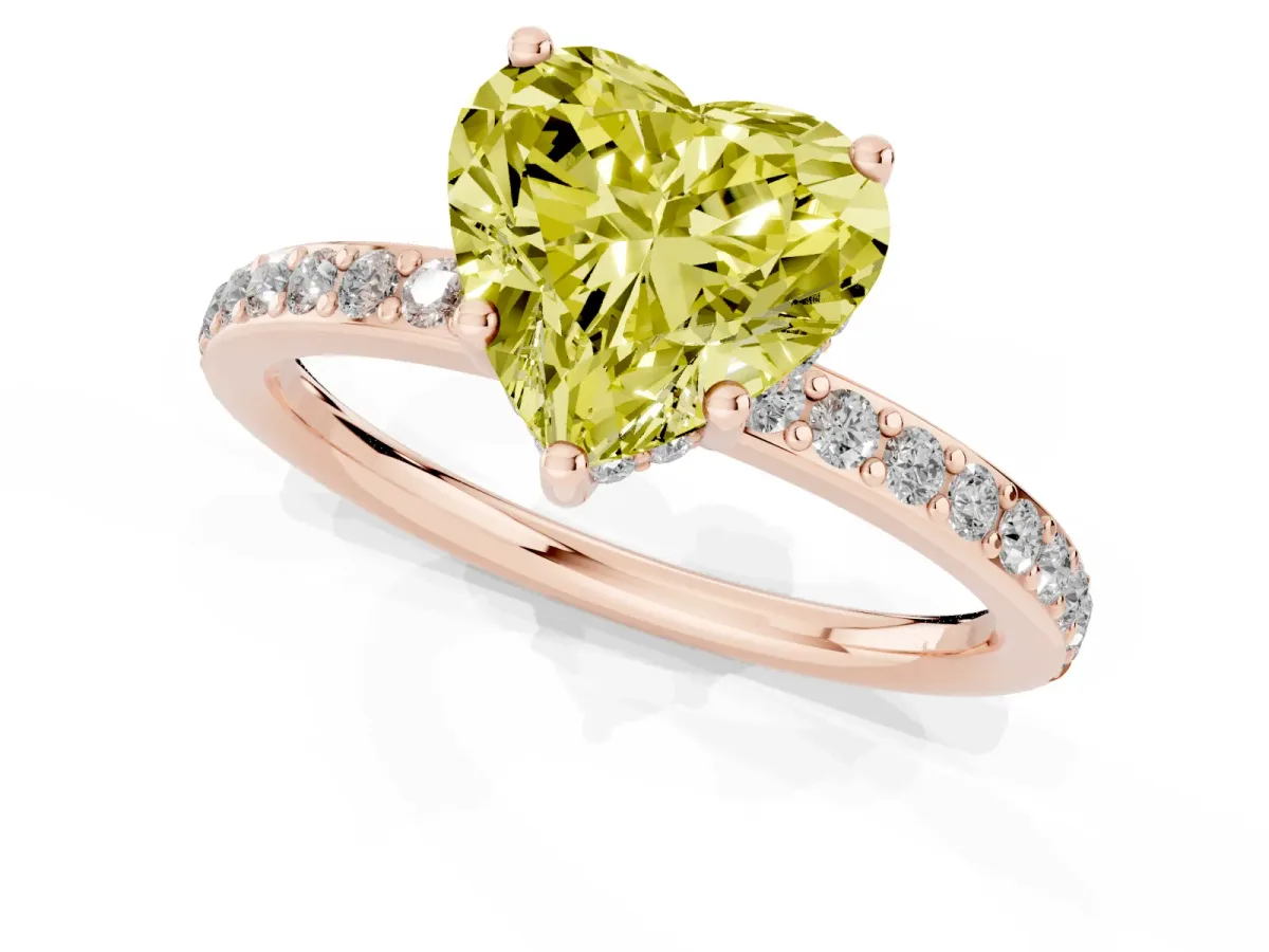 Fancy Yellow Heart Cut Cut Diamond Pavé Band Ring with Four-Prong Setting Rose gold