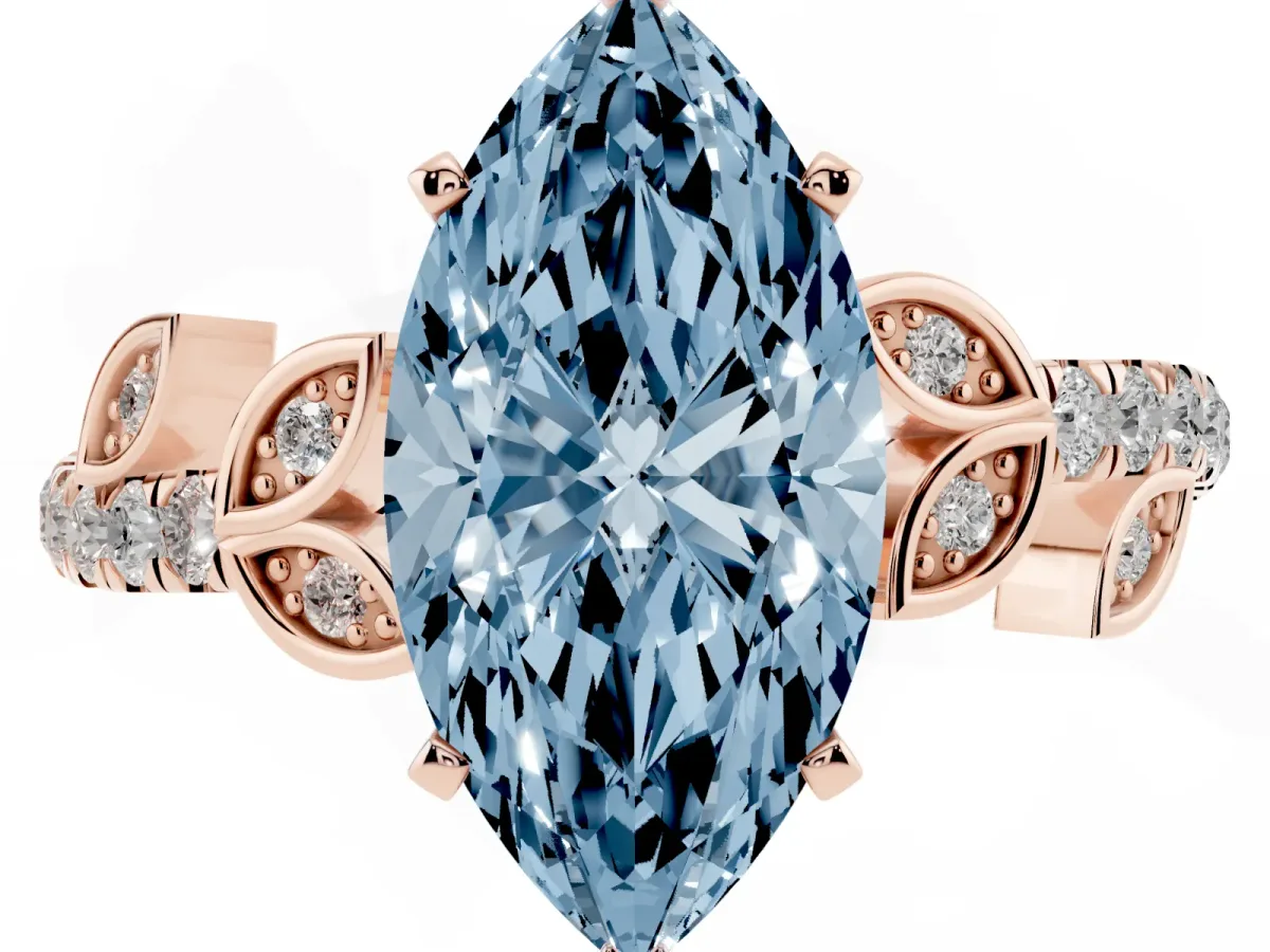 Fancy Blue Marquise Cut Solitaire Leaf-Inspired Diamond Ring with Pavé Band and Four-Prong Setting Rose gold