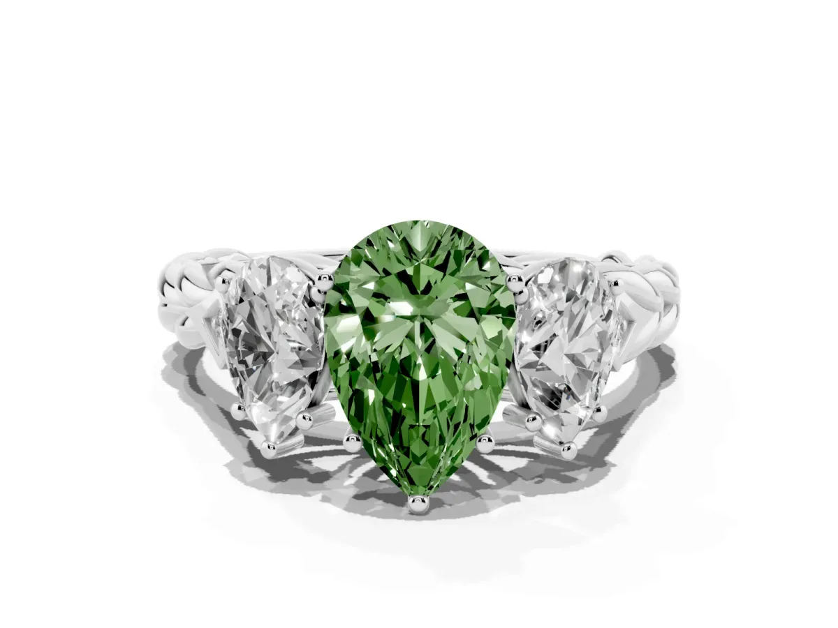 Fancy Green Three-Stone Pear Cut Diamond Braided Band Ring with Four-Prong Setting Silver